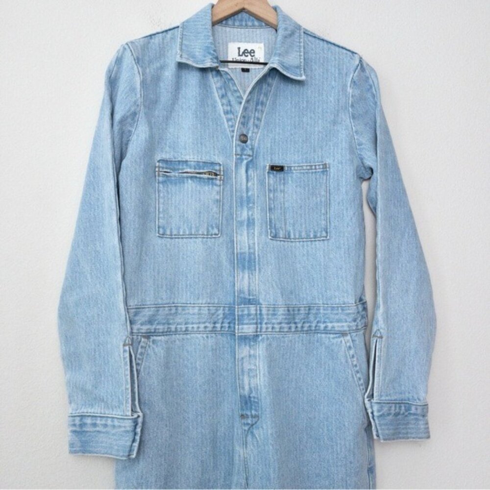 NWT Free People x Lee Union-Alls Coverall Denim Jumpsuit S Sky Blues Stripe - Picture 9 of 16